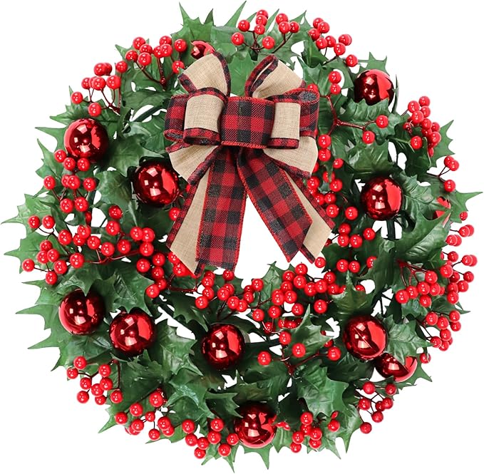 Christmas Wreaths for Front Door Outside Decor, 20" Red Berries Ornaments Balls Pine Branches Winter Artificial Wreath Decorations with Plaid Bow for Xmas Holiday Home Wall Fireplace Indoor Porch