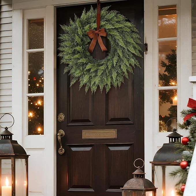 24" Real Touch Artificial Cedar Wreath - Faux Christmas Wreaths for Front Door,Faux Pine Green Wreath for Home, Holiday, Fireplace, Mantle,Wall, Windows, Xmas, Outdoor Decoration