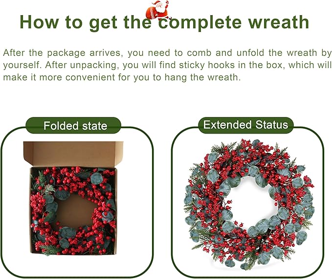 Artificial Christmas Wreath 22inch Christmas Wreaths for Front Door Xmas Red Berry Wreath with Eucalyptus Leaves Pine Needles Red Berries for Wall Farmhouse Window Winter Holidays