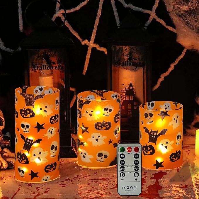 Flickering Flameless Candles Halloween Pumpkin Ghost Print, Embedded Star String Lights, Battery Operated Acrylic LED Pillar Candles with 11-Key Remote and Timer for Home Decoration, 3 Pack