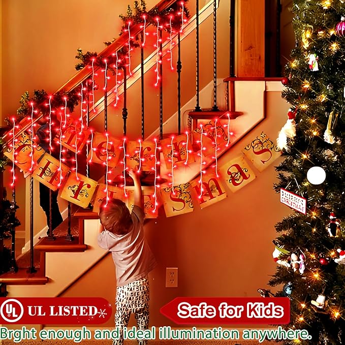 XURISEN 132ft Christmas Lights Decorations Outdoor, 1280 LED 8 Modes Fairy Lights with 240 Drops,Plug in Waterproof Timer Memory Function for Christmas Holiday Wedding Party Decor(Red)
