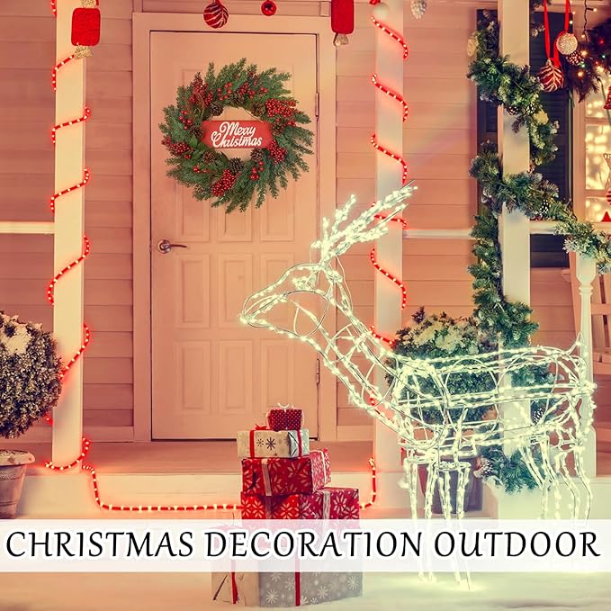 Christmas Wreaths for Front Door,Winter Wreaths for Indoor and Outdoor Decorations,Christmas Door Wreath with Pine Cones and Leaves,Berries,Wood Sign for Decor