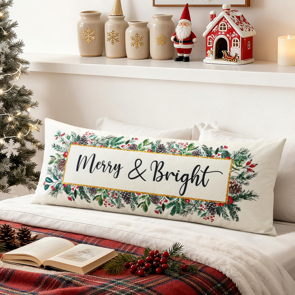 OTOSTAR Merry Bright Christmas Decor Pillow Cover 14x36 Inch Extra Long Lumbar Decorative Throw Pillow Case Eucalyptus Mistletoe Winter Holiday Cushion Cover for Couch Bed Sofa Decor (Merry & Bright)