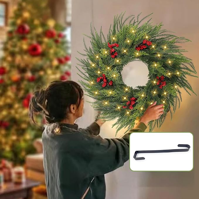 26'' Xmas Wreath with Lights,Large Norfolk Pine Wreaths with Red Berry and 50 LEDs, Battery Operated Christmas Reef with Timer for Door Window Winter Porch Decor