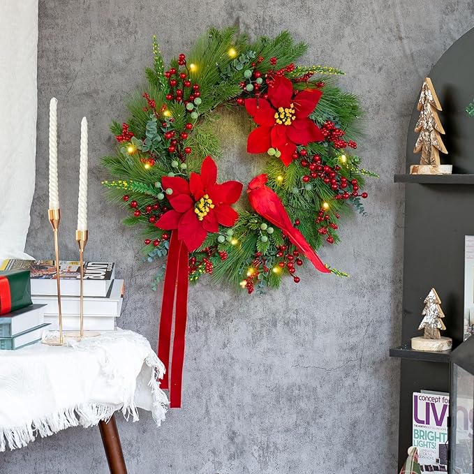 Pre-Lit Christmas Wreaths for Front Door 24 Inch Christmas Wreath with Lights,Large Winter Wreath with Cardinal Birds,Poinsettia,Green Evergreen Pine Needles Red Berries Holiday Wreath Decor
