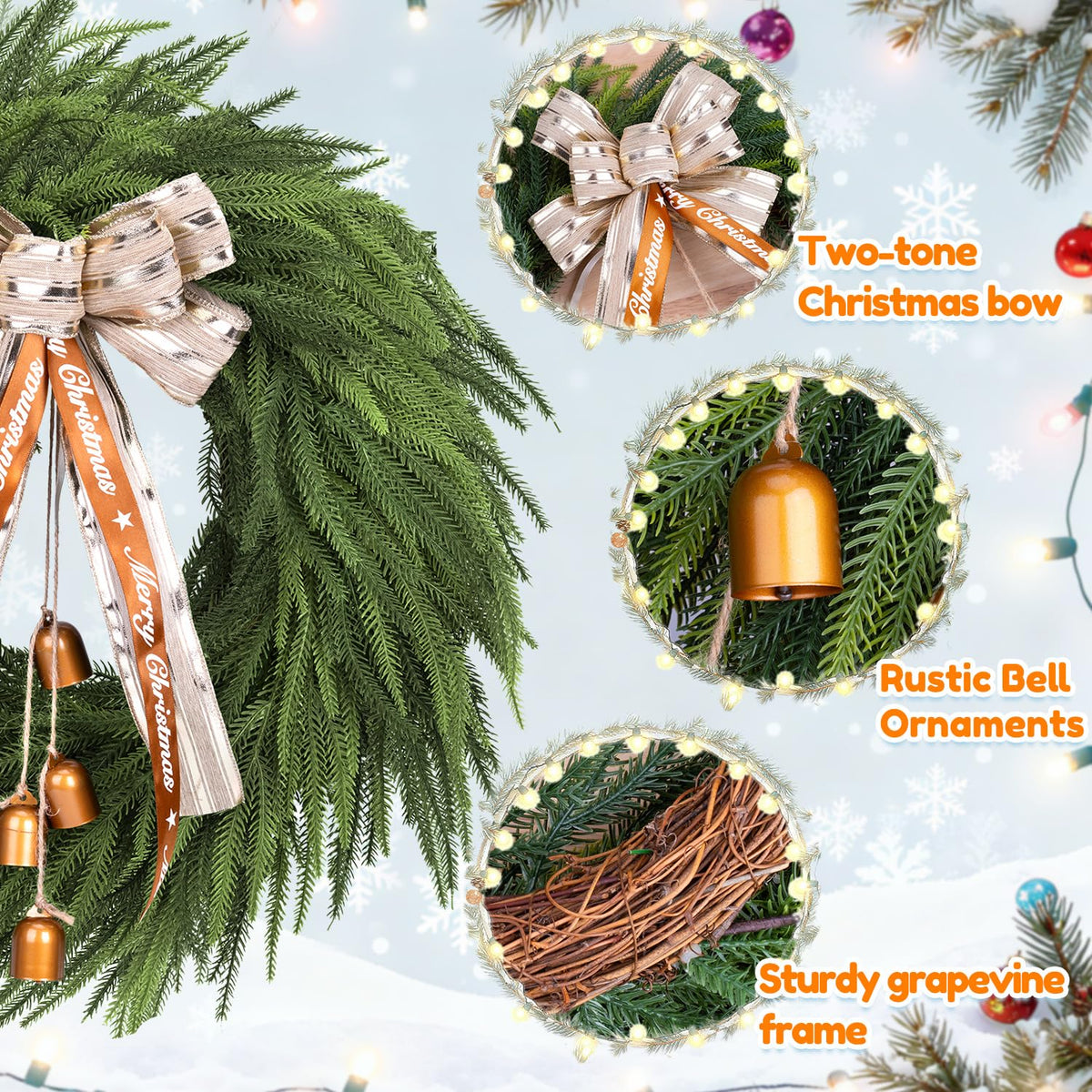 Real Touch Norfolk Pine Wreath for Front Door, 24'' Christmas Wreaths with Bow & Bells, Large Faux Cedar Pine Green Wreath for Wall Window Home Farmhouse Decorations Outdoor Indoor
