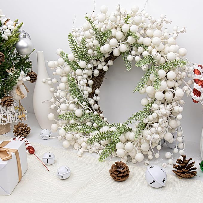 20 Inches White Christmas Wreath Farmhouse Christmas Wreaths for Front Door Rustic Winter Wreath with White Berry Fir Pine Needle for Doors Window Indoors Porches Outside