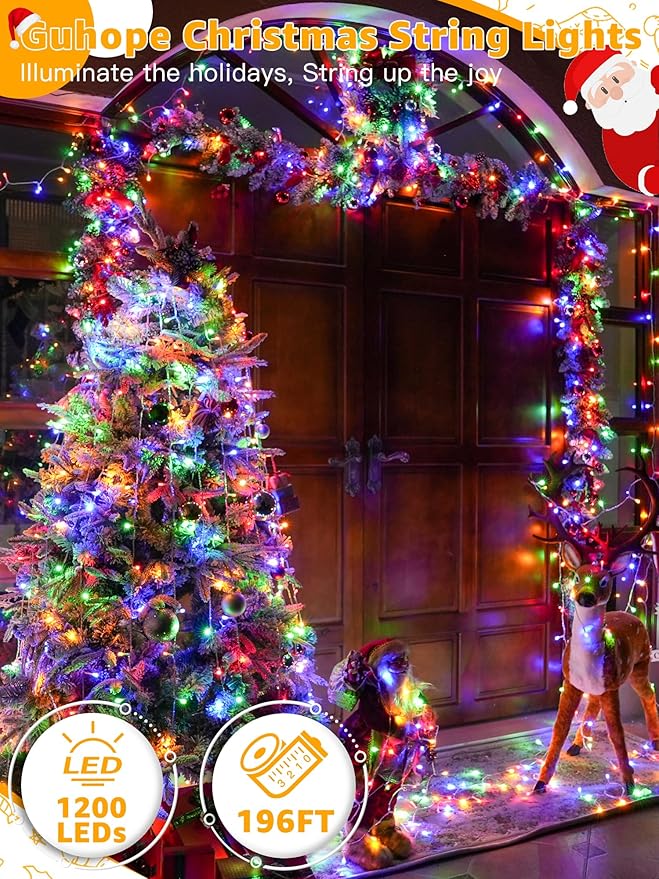Christmas String Lights Indoor 1200LED 196FT, Waterproof Outdoor String Lights with Remote and Timer, 8 Modes Dimmable Christmas Lights for Indoor Outdoor Party Holiday Decorations (Multicolor)