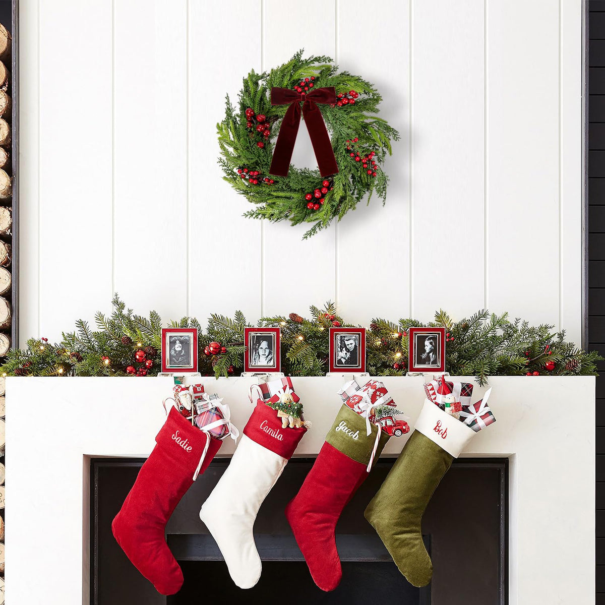 50cm Realistic Norfolk Pine Wreath with Velvet Bow Christmas Faux Cedar Wreaths with Red Berries for Front Door Mantel Window Wall Holiday Winter Indoor Outdoor Home Decoration (Red Berry)
