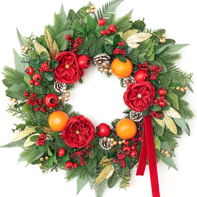 Pre-lit Christmas Wreaths for Front Door- 24 Inch Outdoor Christmas Wreath with Lights,Green Lighted Xmas Door Wreath with Pinecones,Red Flowers and Orange Berries for Holiday Decor