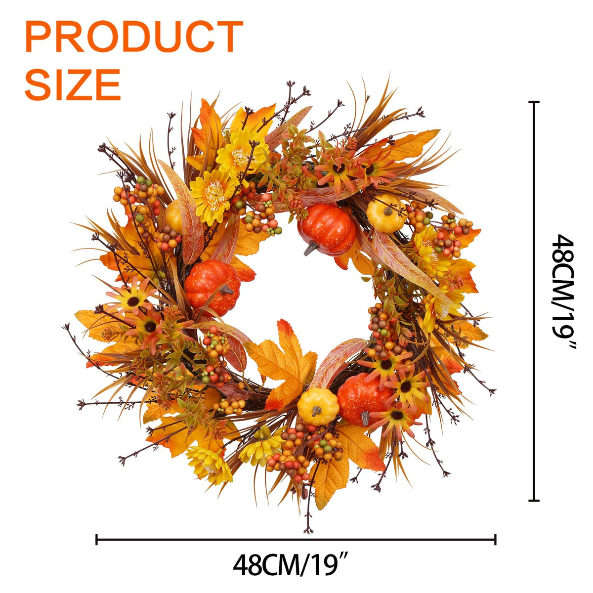 PurpleSwan 19Inch Fall Wreath, Artificial Pumpkins Maple Leaves Berry Fall Wreaths for Front Door Decor, for Home Autumn Harvest Thanksgiving Porch Outdoor Decorations.