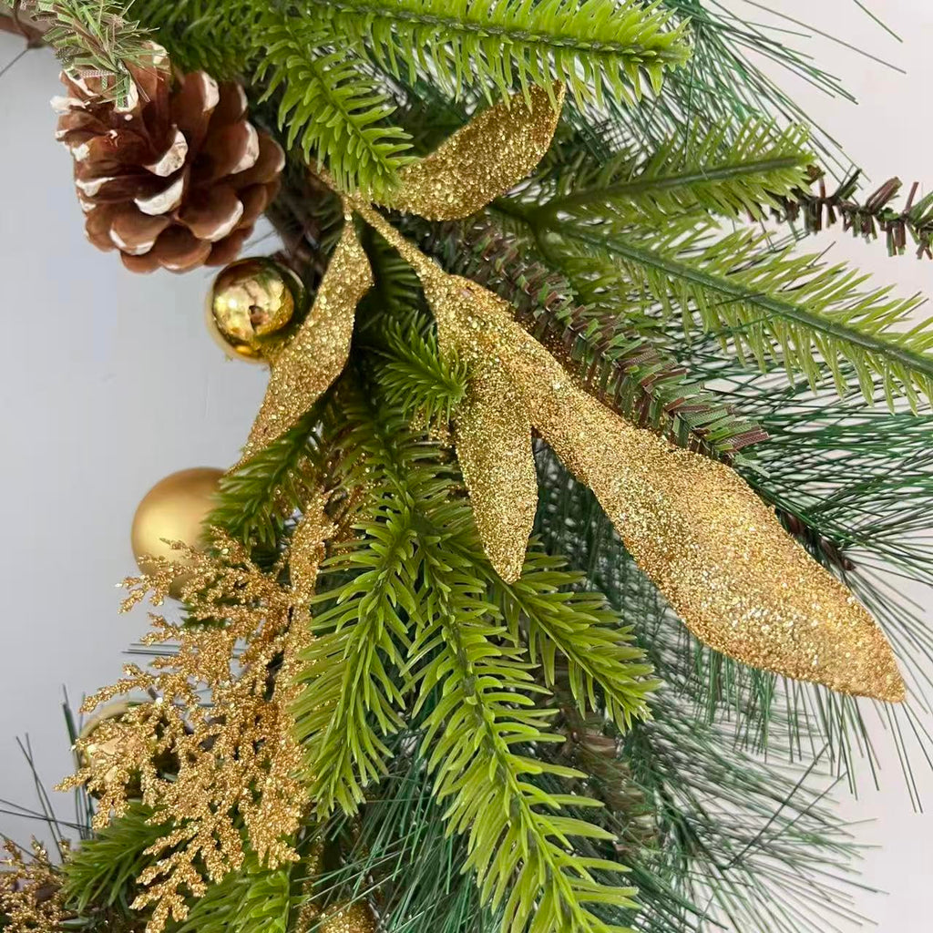 NeoL'artes 26inch Gold Wreath for Porch Front Door Mantle and Fireplace Wrapped Grapevine with Ornaments Snow Pinecones Winter Season Home Decor