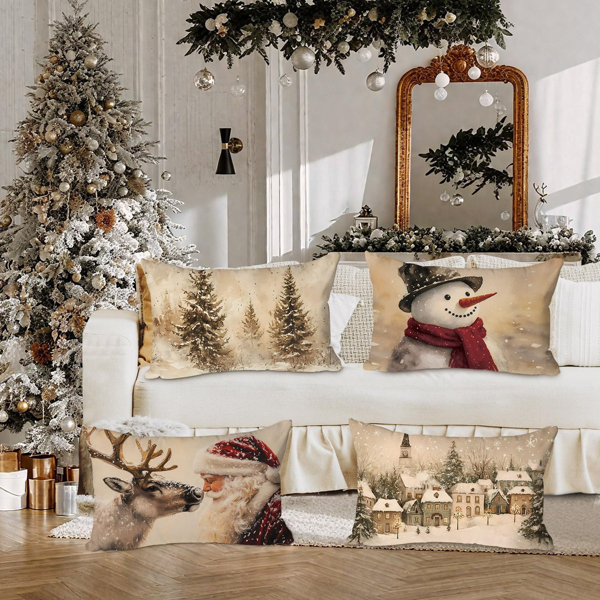 Lanpn 12x20 Christmas Throw Pillow Covers Set of 4, Snowman Santa Reindeer Lumbar Vintage Christmas Pillow Cover Pillowcase Xmas Holiday Decorative Pillow case for Indoor Home Sofa Couch Room Decor