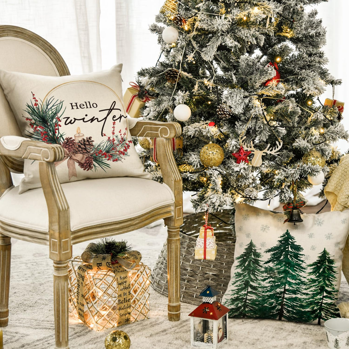 AVOIN colorlife Merry Christmas Trees Reindeer Snowflake Throw Pillow Covers, 18 x 18 Inch Xmas Red Berries Hello Winter Holiday Cushion Case Decoration for Sofa Couch Set of 4
