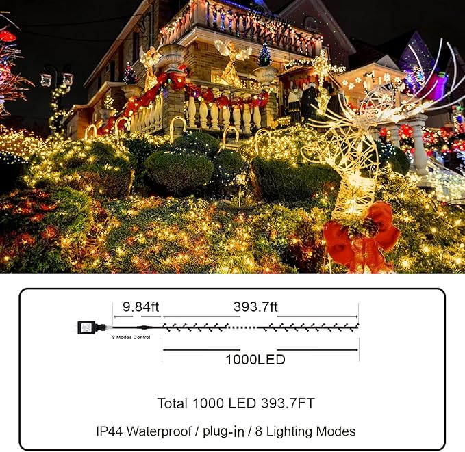Christmas Lights Outdoor 1000 LED 396ft Super Long String Lights with 8 Modes & Timer, Plug in Twinkle Fairy Lights Decor for Home Xmas Wedding Party Room Yard Tree Holiday Decorations (Warm)