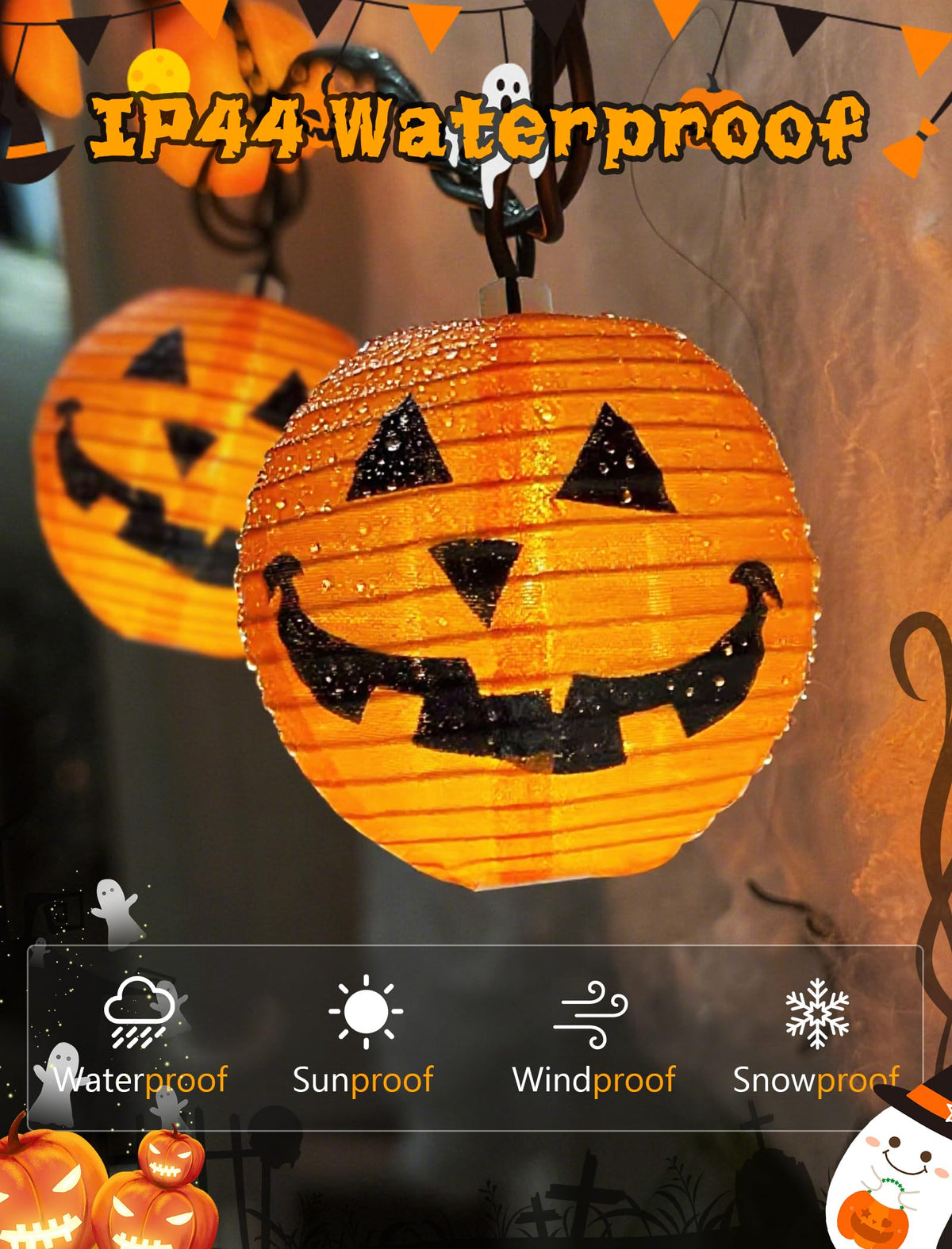 Halloween Outdoor Pumpkin String Lights, 8.5FT 10 Jack-o’-Lantern Lanterns with LED Bulbs, Connectable Waterproof Halloween Lights for Yard Patio Porch Garden, UL Listed Energy-Saving Fall Decor