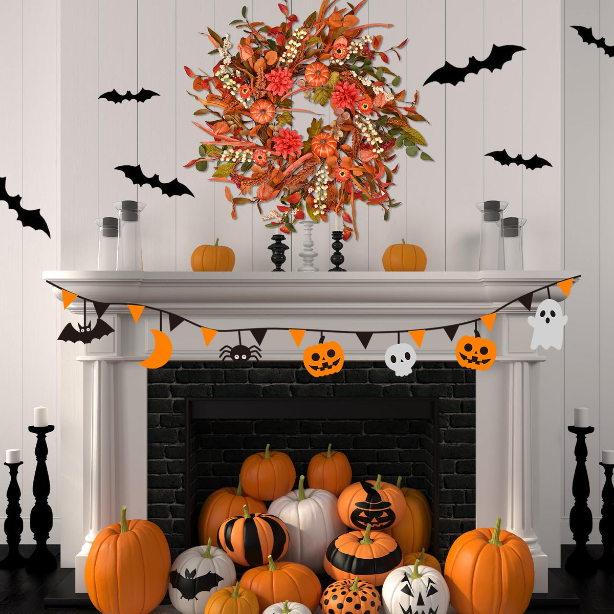 24" Pumpkin Fall Wreath with Colorful Mixed Leaves, Autumn Wildflower Artificial Wreath with Berry for Thanksgiving Halloween Front Door Home Wall Farmhouse Holiday Outdoor Indoor Décor