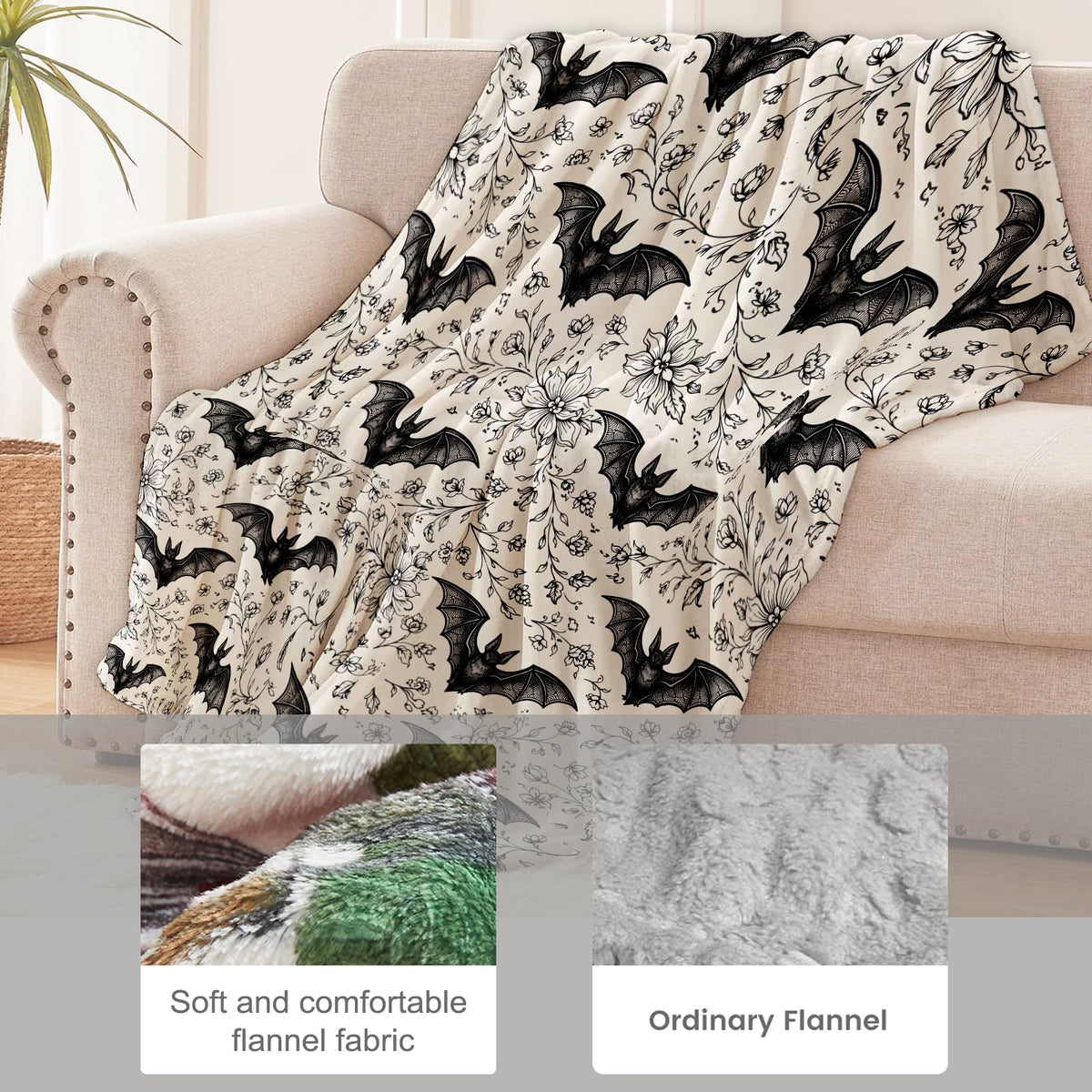 cromcu Bat Blanket Soft Lightweight, Gothic Floral Bat Pattern Flannel Throw Blankets for Bed Sofa Office RV Travel Bathroom Home Vintage Black and White Halloween Decor, Goth Lovers Gifts 60"X50"