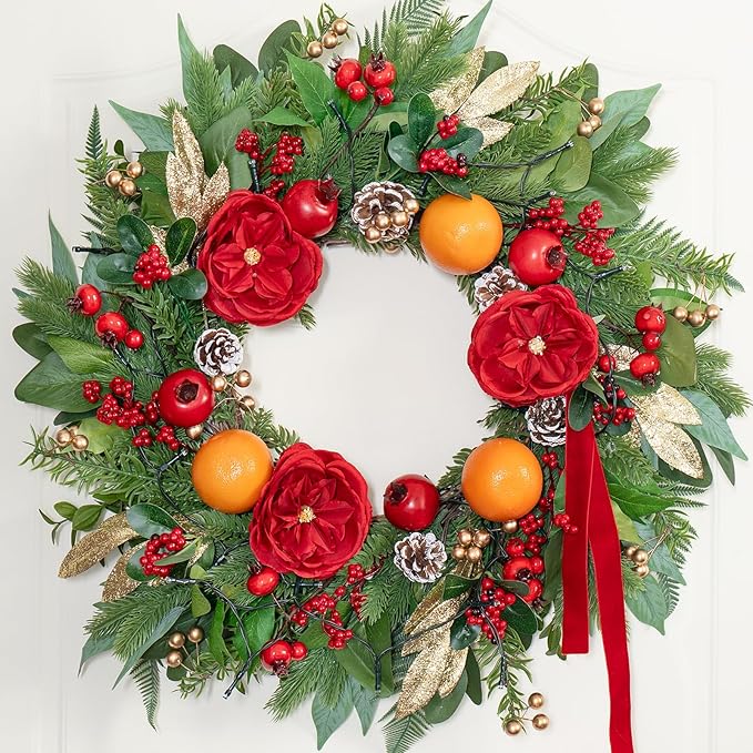 Pre-lit Christmas Wreaths for Front Door- 24 Inch Outdoor Christmas Wreath with Lights,Green Lighted Xmas Door Wreath with Pinecones,Red Flowers and Orange Berries for Holiday Decor