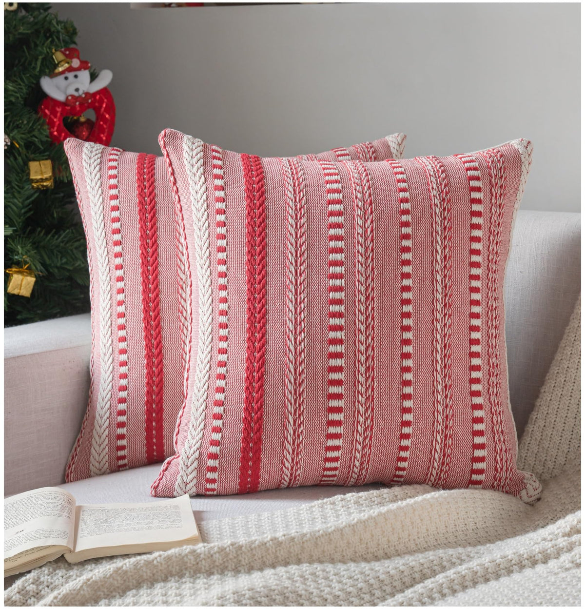 Cethom Christmas Pillow Covers 18x18 Inch Set of 2, Farmhouse Boho Christmas Decoration Couch Pillow Cases, Red Accent Pillows of Bed, Sofa Bedroom Living Room Home Decor Cushion Cover