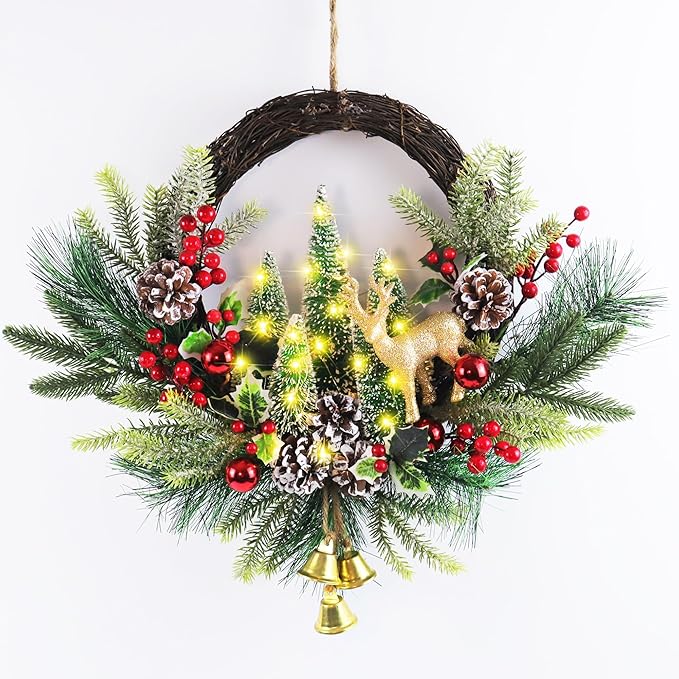 21" Pre-Lit Christmas Wreath for Front Door,Christmas Wreath Decorations with Golden Christmas Reindeer Jingle Bells Pine Cones,Christmas Door Wreath for Home Wall Window Indoor Outdoor Decor