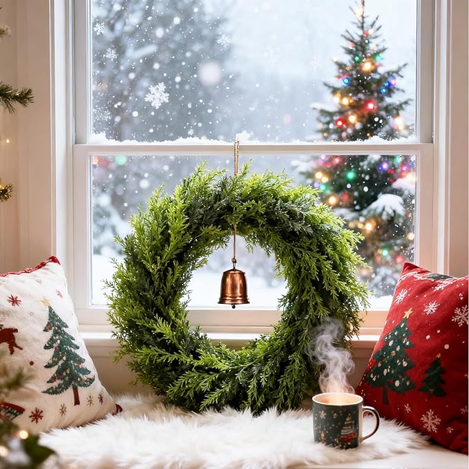 Real Touch Artificial Cedar Wreath 24" Fake Christmas Wreaths for Front Door Faux Pine Greenery Wreaths for Home,Window,Table,Mantle,Wall,Indoor,Outdoor Xmas Decorations