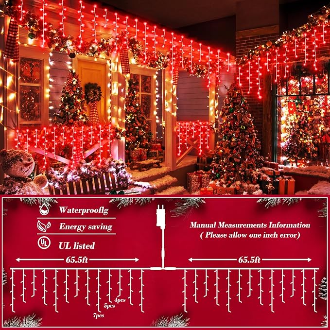 XURISEN 132ft Christmas Lights Decorations Outdoor, 1280 LED 8 Modes Fairy Lights with 240 Drops,Plug in Waterproof Timer Memory Function for Christmas Holiday Wedding Party Decor(Red)