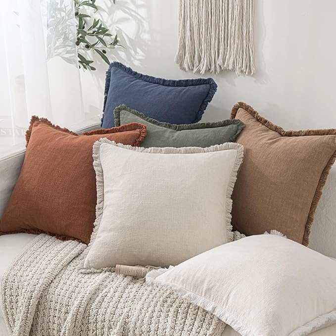MIULEE Christmas Decorative Throw Pillow Covers Neutral Linen Fringe Throw Pillows Set of 2 Indigo Blue Boho Farmhouse Cushion Covers Coastal Decor for Couch Sofa Bed Living Room Decor 24x24 Inch