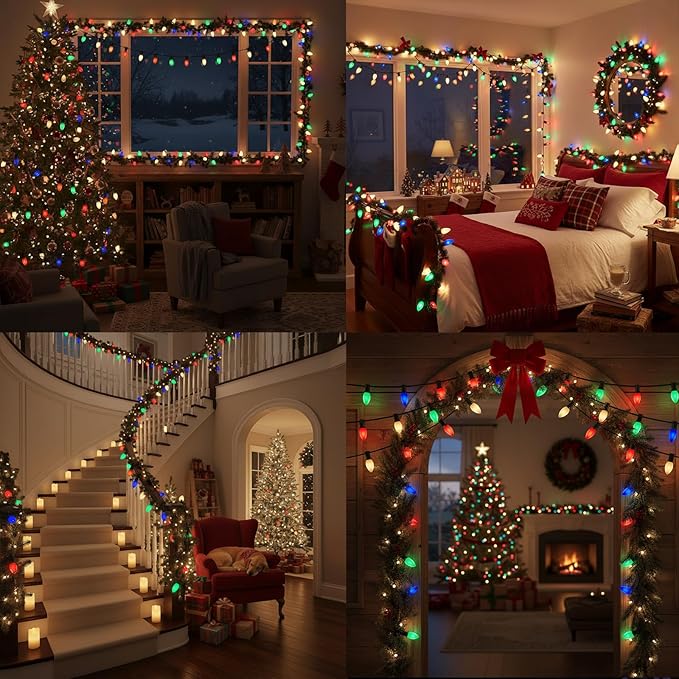 25FT C9 Christmas Lights Outdoor,Vintage Christmas Lights with 26 C9 Multicolor Shatterproof Plastic Bulbs,Connectable Multicolor LED String Light for Xmas Tree Roofline Indoor Outdoor Decor