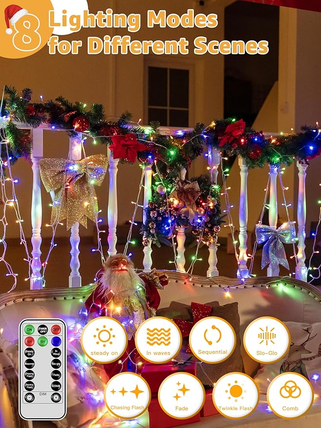 Christmas String Lights Indoor 1200LED 196FT, Waterproof Outdoor String Lights with Remote and Timer, 8 Modes Dimmable Christmas Lights for Indoor Outdoor Party Holiday Decorations (Multicolor)