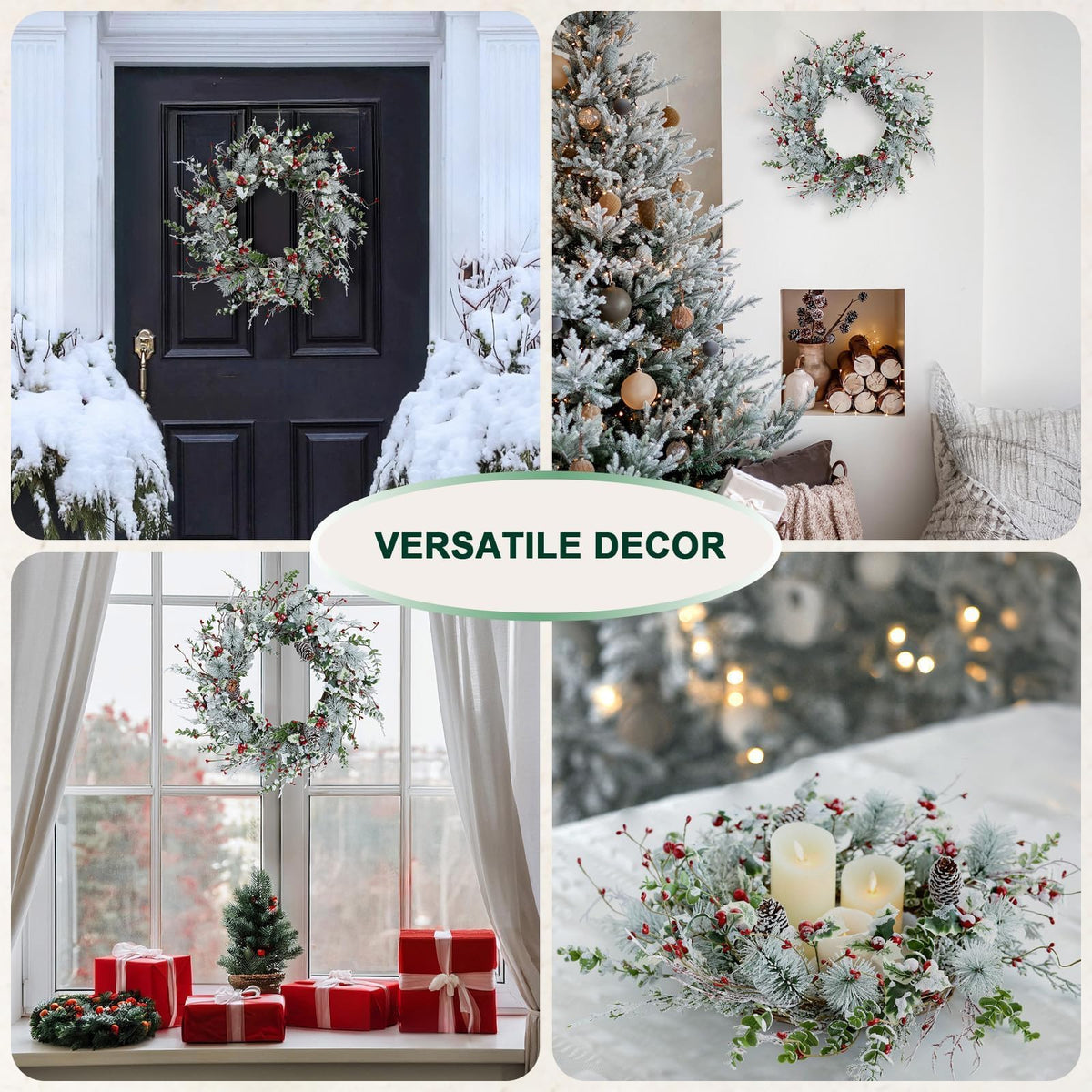 Hometrance Winter Christmas Wreaths for Front Door 20 Inches, Faux Xmas White Red Wreath for Window Outdoor Outside, Artificial Farmhouse Holiday Modern Wreath for Indoor Porch Decor