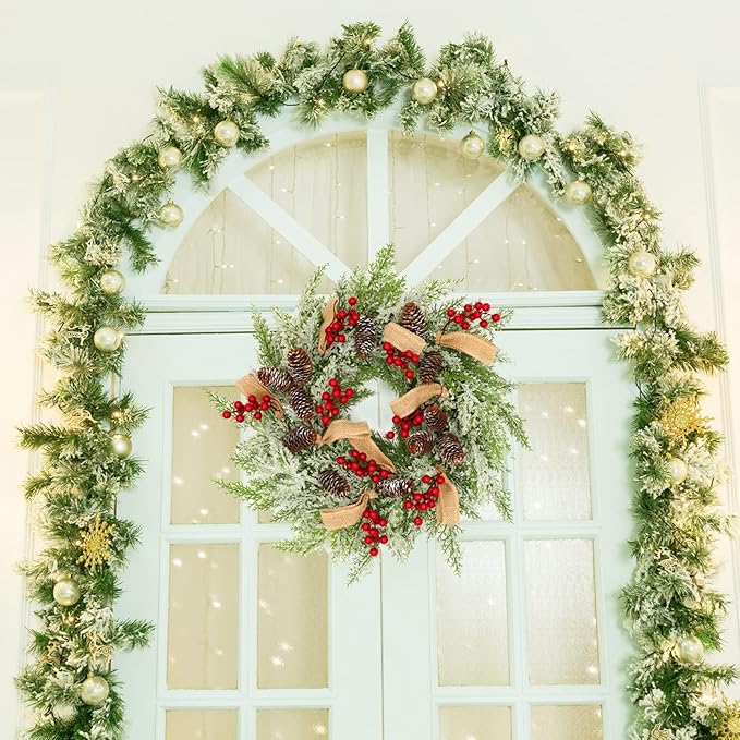 22” Artificial Christmas Door Wreath, Christmas Wreaths for Front Door, Winter Wreaths with Pine Cone, Red Berries, Burlap Ribbon & Snowflake, Holiday Outdoor Wreath Decorations