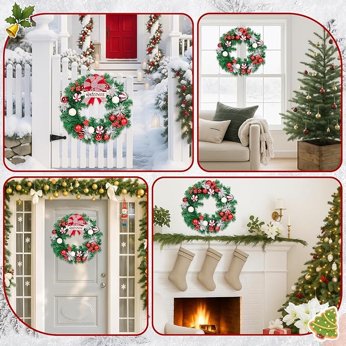 Christmas Wreaths for Front Door Outside Decor, 20" Peppermint Candy Ball Ornaments Pine Branches Winter Artificial Wreath Decorations with Bow Hanging Sign for Xmas Home Door Wall Window Fireplace