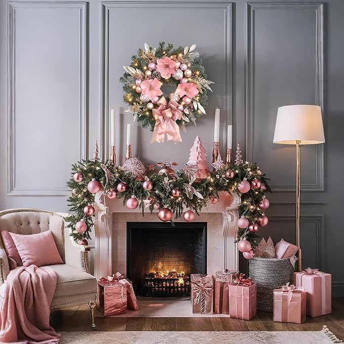 22inch Christmas Pink Wreath for Front Door with 25 LED Lights w/Timer,Elegant Magnolia Christmas Door Wreath,Lighted Festive Winter Decor,Pink Decorations for Wedding