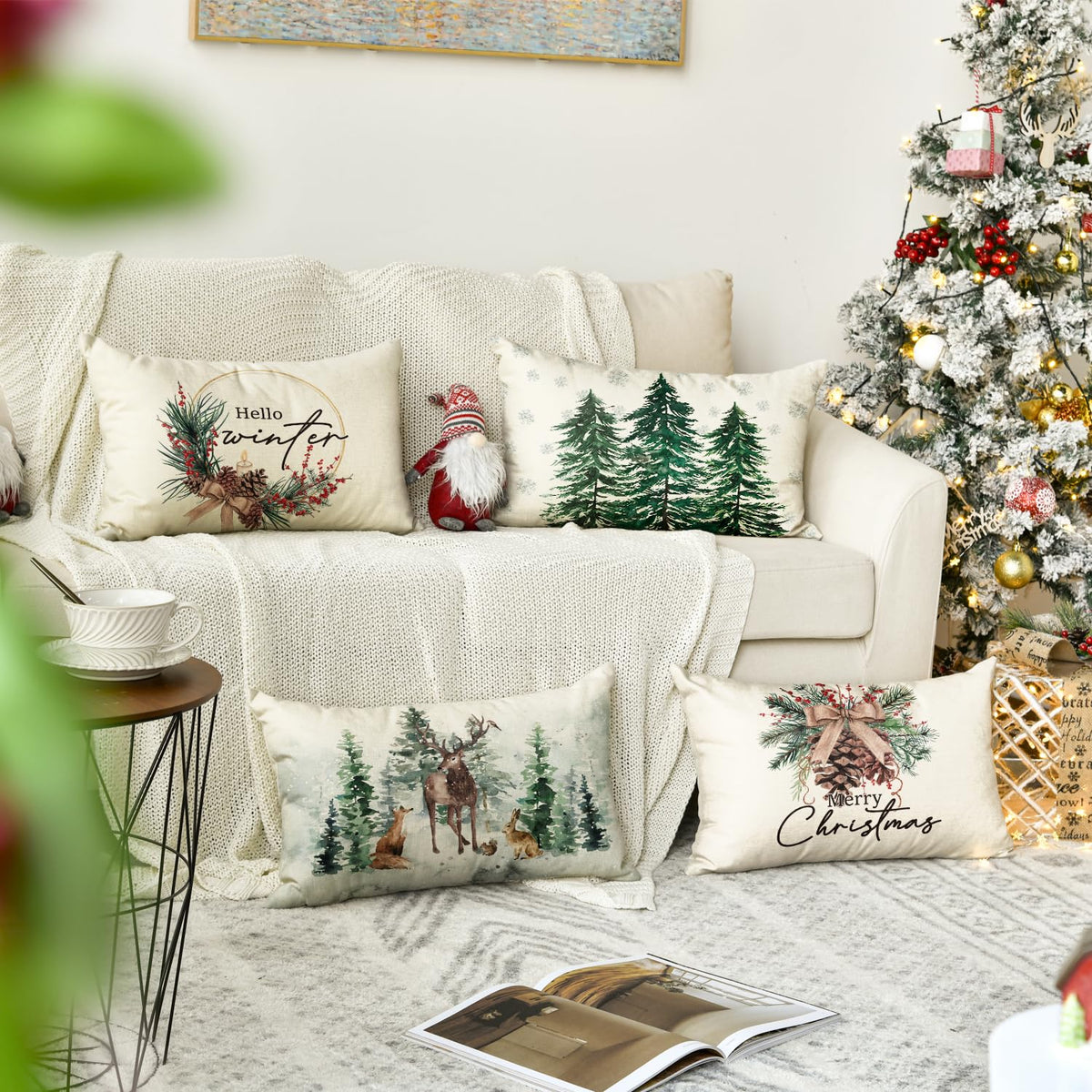 AVOIN colorlife Merry Christmas Trees Reindeer Snowflake Throw Pillow Covers, 12 x 20 Inch Xmas Red Berries Hello Winter Holiday Cushion Case Decoration for Sofa Couch Set of 4
