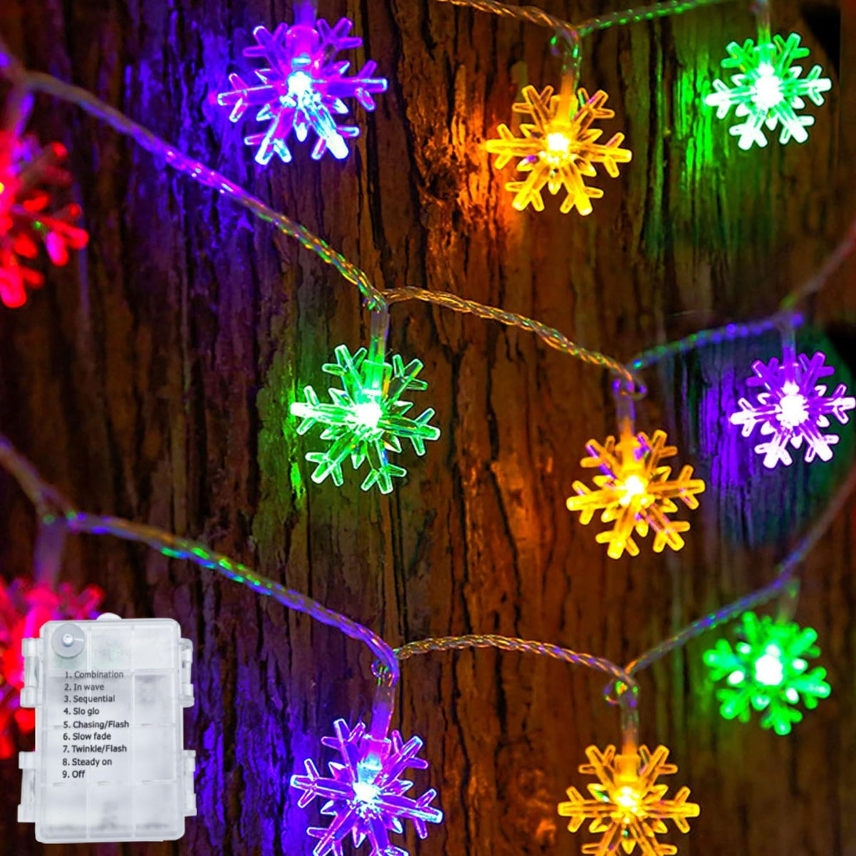 Dazzle Bright Snowflake String Lights, 100LED 50FT, Battery Operated, 8 Lighting Modes, Multicolor, Indoor Outdoor Christmas Decorations