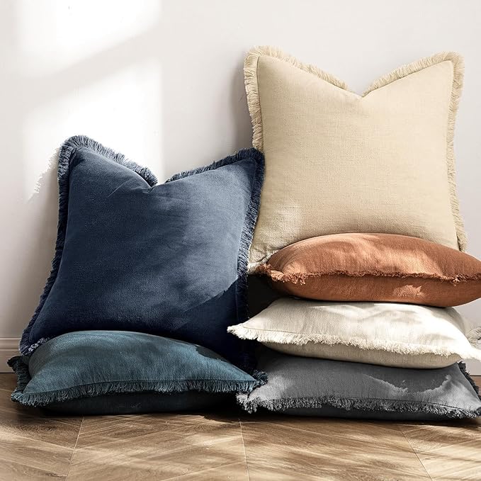 MIULEE Christmas Decorative Throw Pillow Covers Neutral Linen Fringe Throw Pillows Set of 2 Indigo Blue Boho Farmhouse Cushion Covers Coastal Decor for Couch Sofa Bed Living Room Decor 12x20 Inch