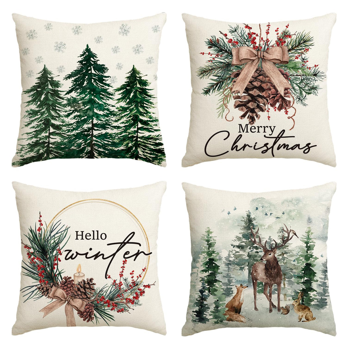 AVOIN colorlife Merry Christmas Trees Reindeer Snowflake Throw Pillow Covers, 18 x 18 Inch Xmas Red Berries Hello Winter Holiday Cushion Case Decoration for Sofa Couch Set of 4