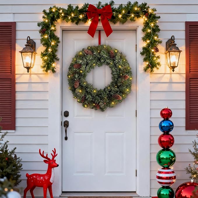 FR Artificial Pre-Lit Fir Christmas Wreath Holiday Accent Decoration, Wintry Pine, Decorated with Pine Cones, with LED Lights Battery Operated for Door, Mantel - 20 Inch