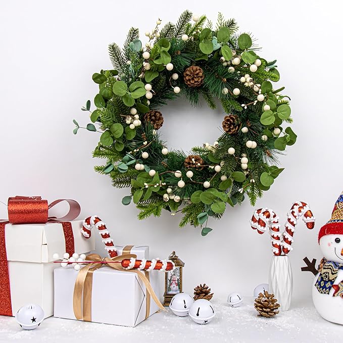 20 Inches Vintage Christmas Wreath Classic Christmas Wreaths for Front Door Rustic Holiday Winter Wreath with White Berry Pine Cones for Doors Windows Indoors Outside Hanging Decoration