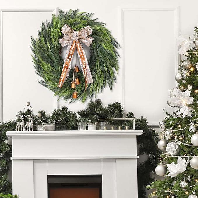 Real Touch Norfolk Pine Wreath for Front Door, 24'' Christmas Wreaths with Bow & Bells, Large Faux Cedar Pine Green Wreath for Wall Window Home Farmhouse Decorations Outdoor Indoor