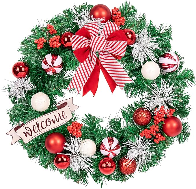 Christmas Wreaths for Front Door Outside Decor, 20" Peppermint Candy Ball Ornaments Pine Branches Winter Artificial Wreath Decorations with Bow Hanging Sign for Xmas Home Door Wall Window Fireplace