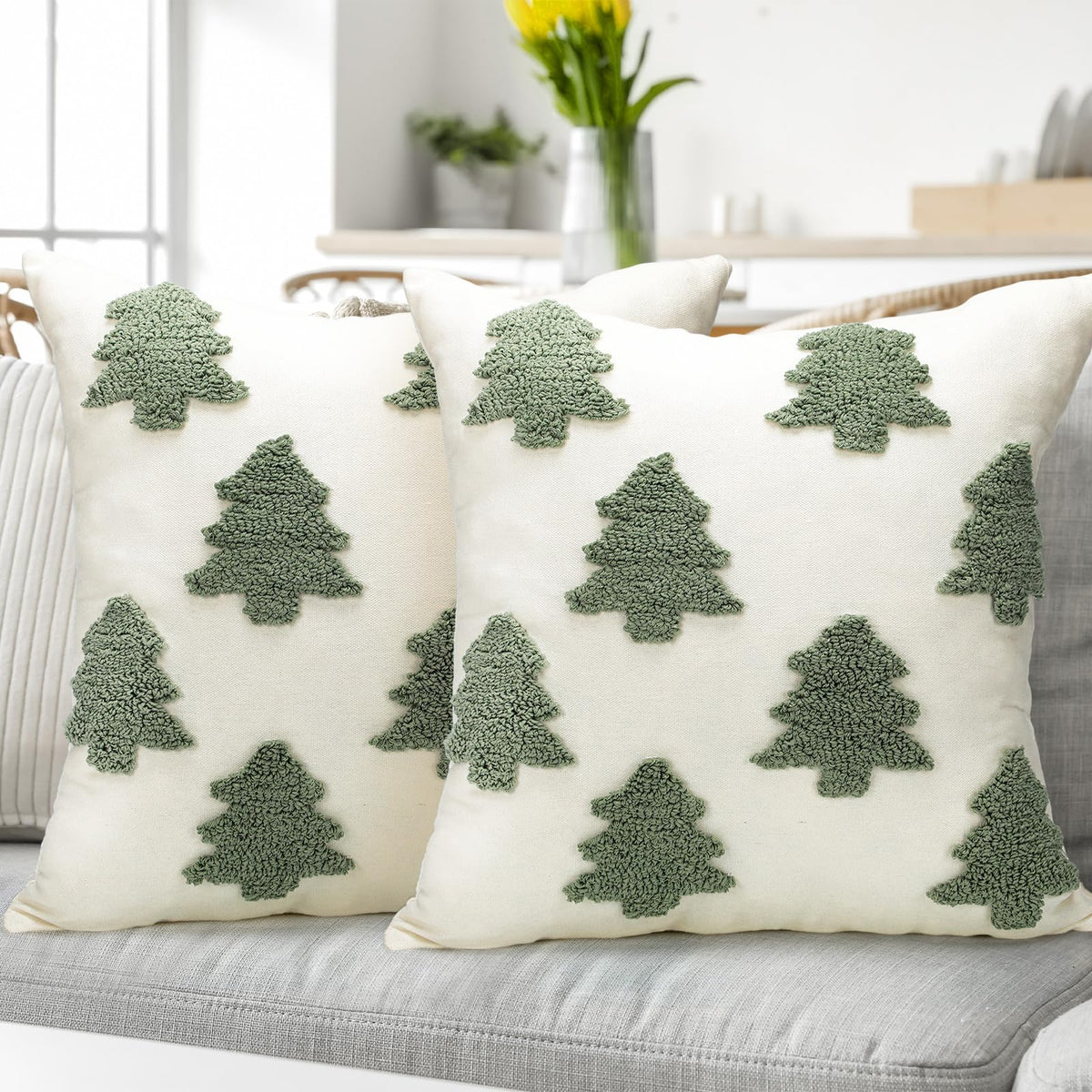 Mixweer 2 Pcs Christmas Pillow Covers 18x18 Inch Neutral Christmas Tree Embroidery Throw Pillow Covers Decorative Throw Cushion Case for Xmas Winter Holiday Decoration (White)