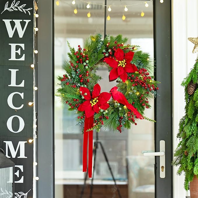 Pre-Lit Christmas Wreaths for Front Door 24 Inch Christmas Wreath with Lights,Large Winter Wreath with Cardinal Birds,Poinsettia,Green Evergreen Pine Needles Red Berries Holiday Wreath Decor