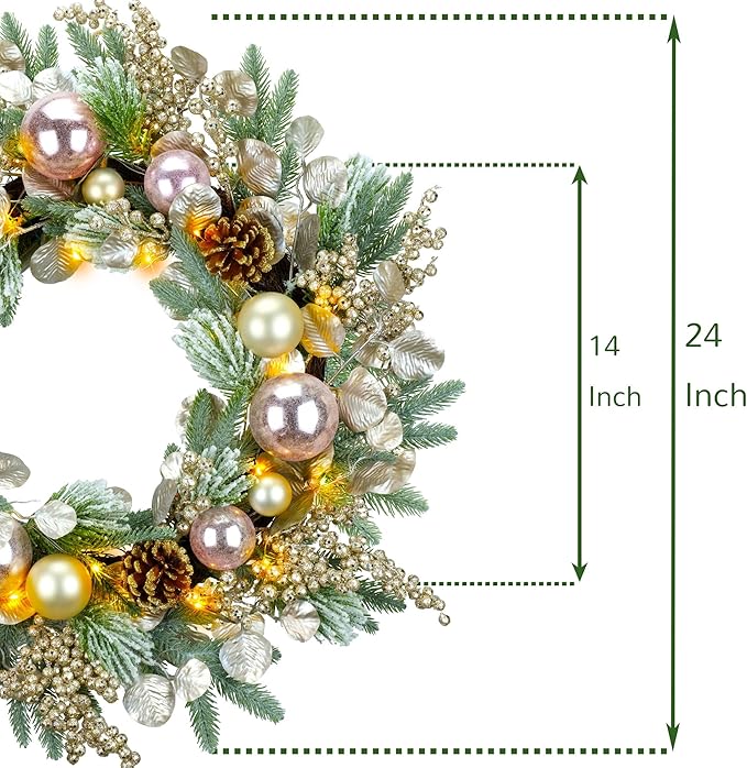 YULETIME 24" Christmas Wreath, Artificial Holiday Wreath with Baubles, Berries, Leaves, Spruce Branches, Snowy Pine Needles (Pink Bauble)