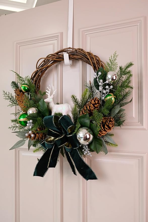 28" Lighted Christmas Wreath for Front Door, Handmade with Pinecones Ornaments Deer Bow, Christmas Wreath Decoration for Home Door Porch Wall Indoor Outdoor