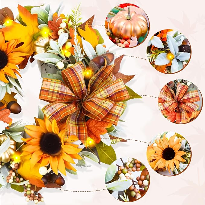 Fall Wreaths for Front Door,Sunflower Autumn Wreath with Lights,Pumpkins and Bows,for Thanksgiving Halloween Farmhouse Indoor Outdoor Outside (Yellow Sunflower)