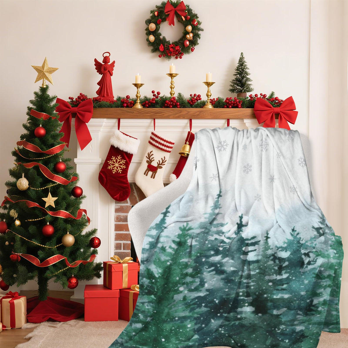 Christmas Blanket Watercolor Pine Tree Forest, Xmas Winter Snowflake Snowy Soft Cozy Throw Blanket, Queen Size Lightweight Flannel Blanket for Home Party Bed Sofa Couch, 60" x 80"