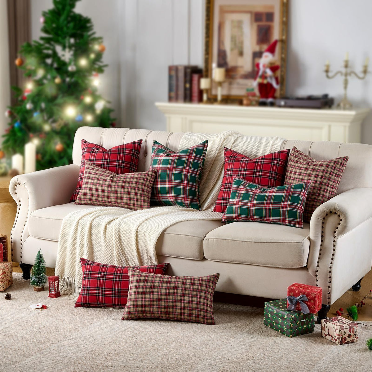 Red Tartan Plaid Christmas Decorative Throw Pillow Covers 18x18 Set of 2, Red Plaid Christmas Decor Tartan Pillows for Couch Bed & Living Room, Retro Classic Xmas Decorations for Winter Holiday