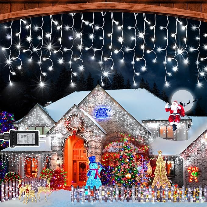 50FT 480 LED Christmas Lights Outdoor Decorations with 90 Drops Timer 8Mode Curtain String Lights Waterproof Plug in Fairy Lights for Indoor,Xmas,Party,Patio,Window,Fence,Trees Decor(Cold White)